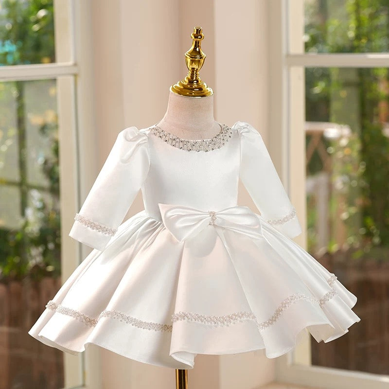 Jill White Girl Dress Satin Rhinestone Embellished Ball Gown J413