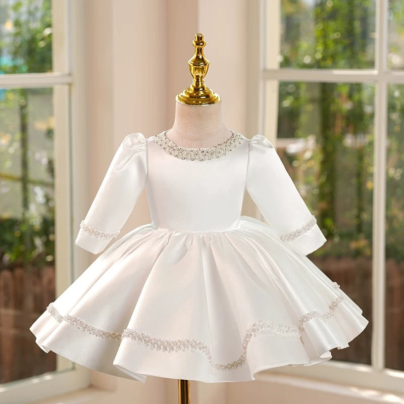 Jill White Girl Dress Satin Rhinestone Embellished Ball Gown J413
