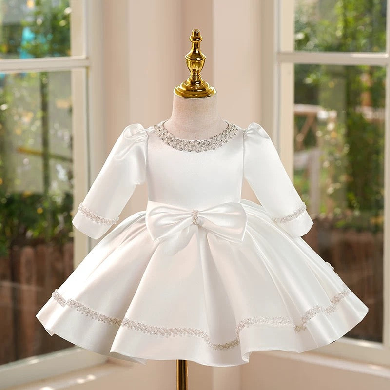 Jill White Girl Dress Satin Rhinestone Embellished Ball Gown J413