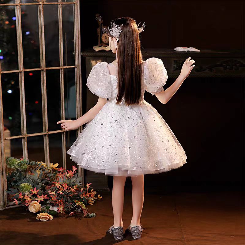 Jill White Girl Dress Sparkling Puff Sleeve Party Ball Gown J713