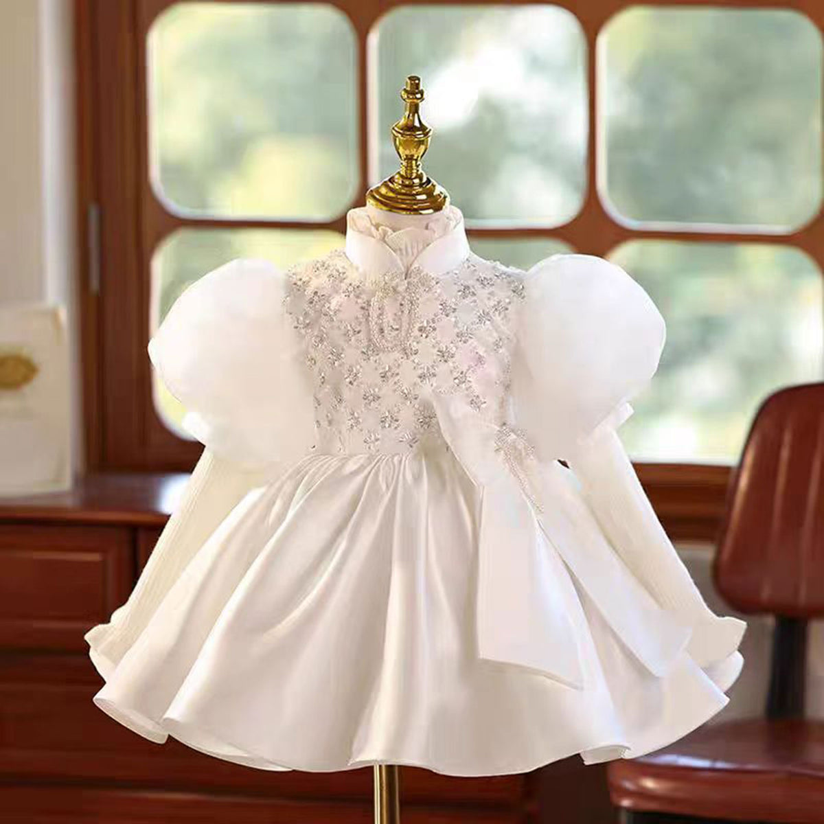 Jill White Girl Puffy Dress Princess for Kids 1st Birthday Party First Communion J777