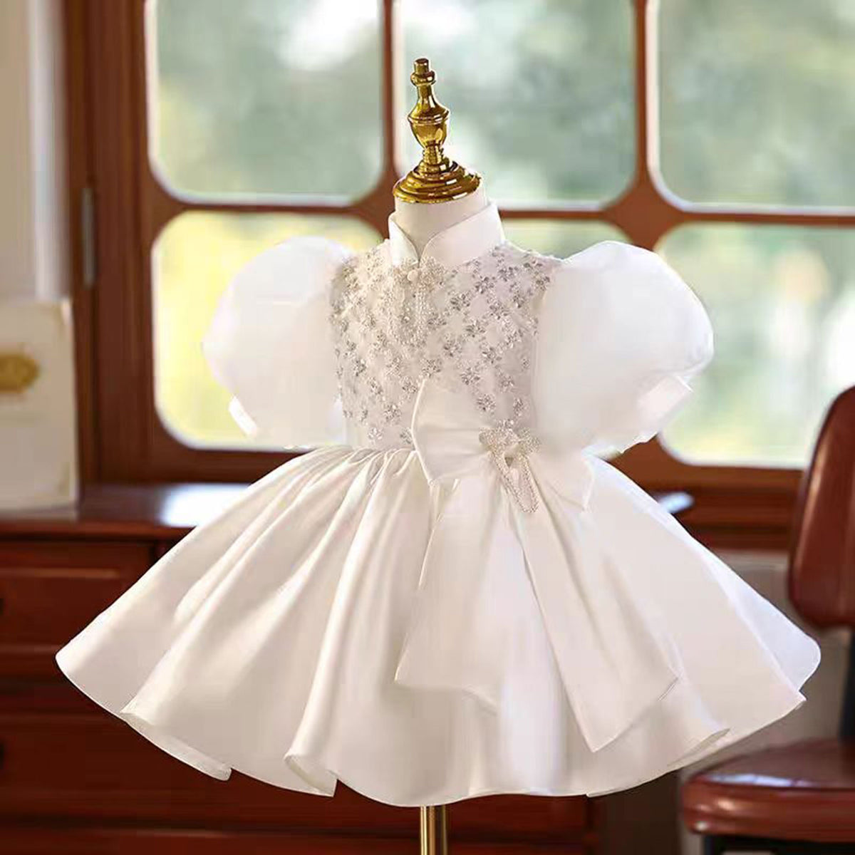 Jill White Girl Puffy Dress Princess for Kids 1st Birthday Party First Communion J777