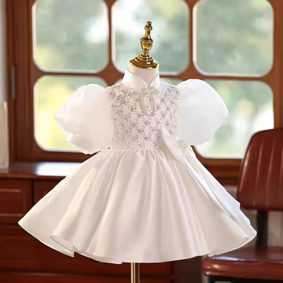 Jill White Girl Puffy Dress Princess for Kids 1st Birthday Party First Communion J777