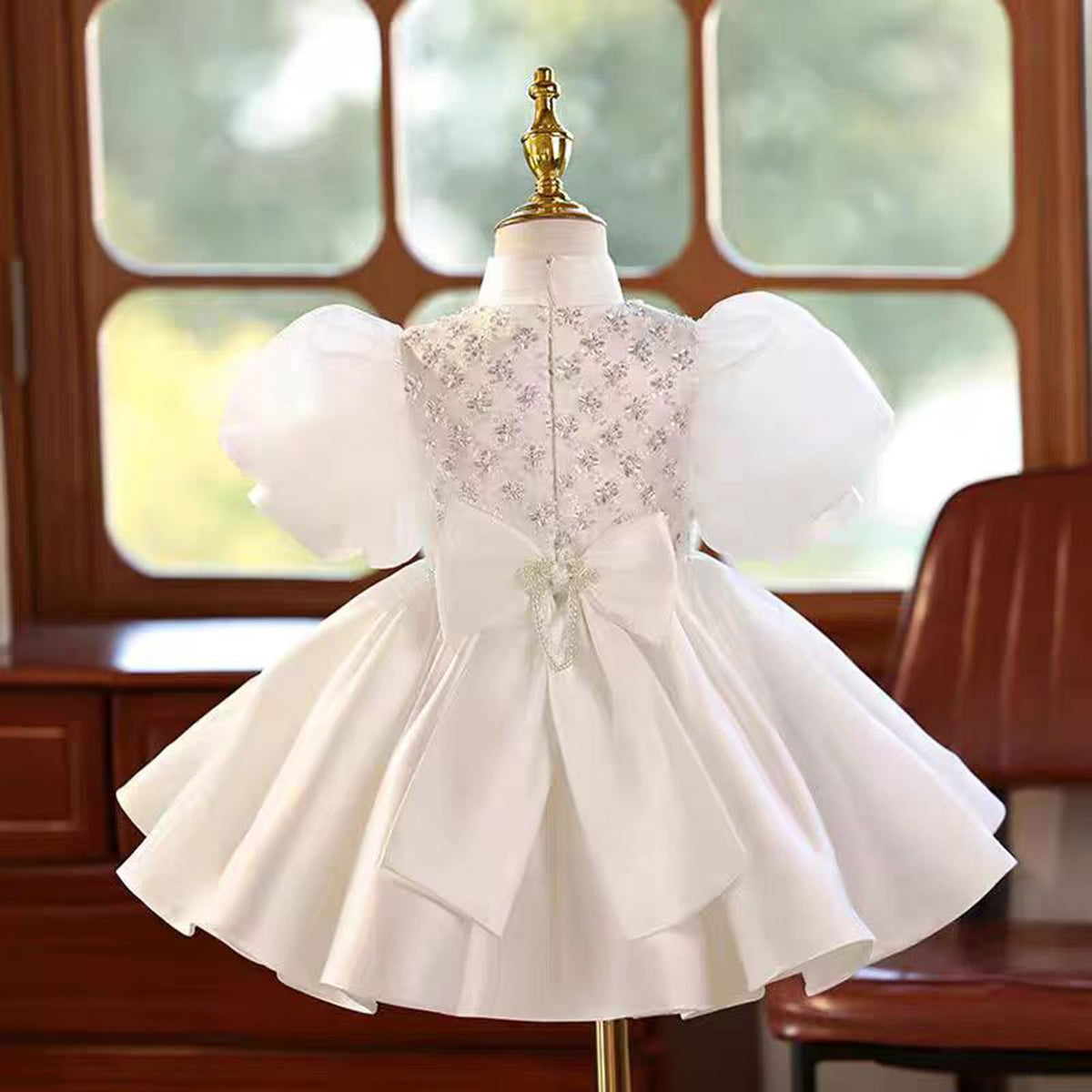 Jill White Girl Puffy Dress Princess for Kids 1st Birthday Party First Communion J777