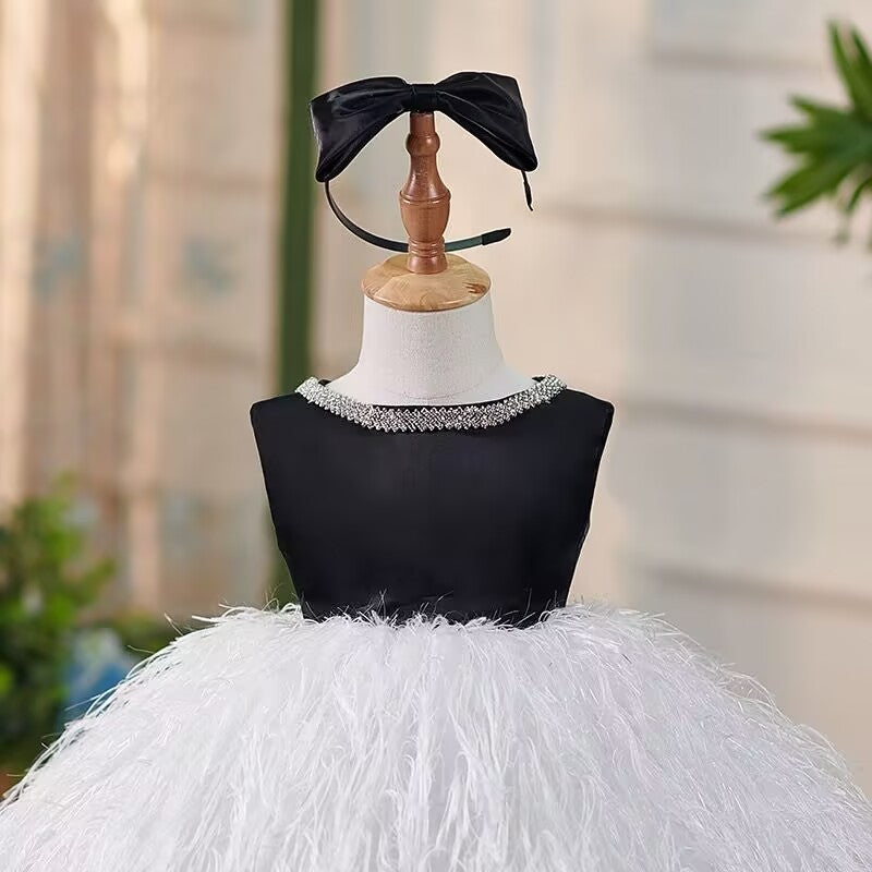 Jill White Pink Girl Dress Pearl Feathery Skirt Ball Gown J420