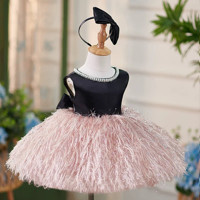 Jill White Pink Girl Dress Pearl Feathery Skirt Ball Gown J420