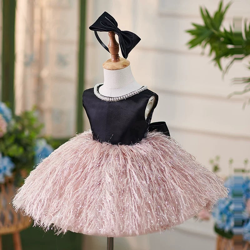 Jill White Pink Girl Dress Pearl Feathery Skirt Ball Gown J420