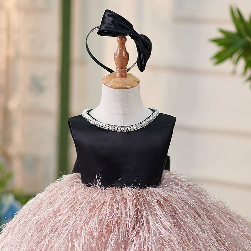 Jill White Pink Girl Dress Pearl Feathery Skirt Ball Gown J420