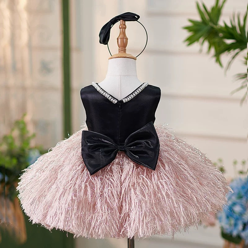 Jill White Pink Girl Dress Pearl Feathery Skirt Ball Gown J420