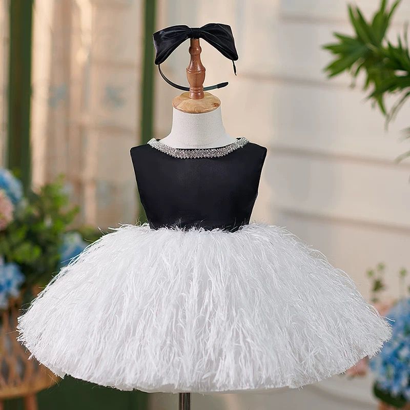 Jill White Pink Girl Dress Pearl Feathery Skirt Ball Gown J420