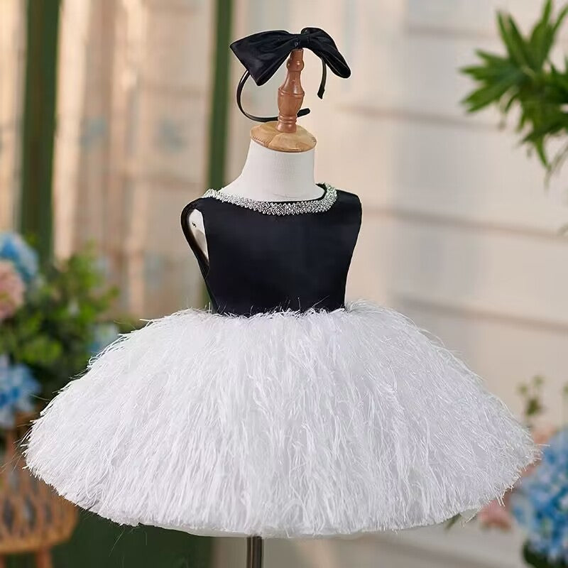 Jill White Pink Girl Dress Pearl Feathery Skirt Ball Gown J420