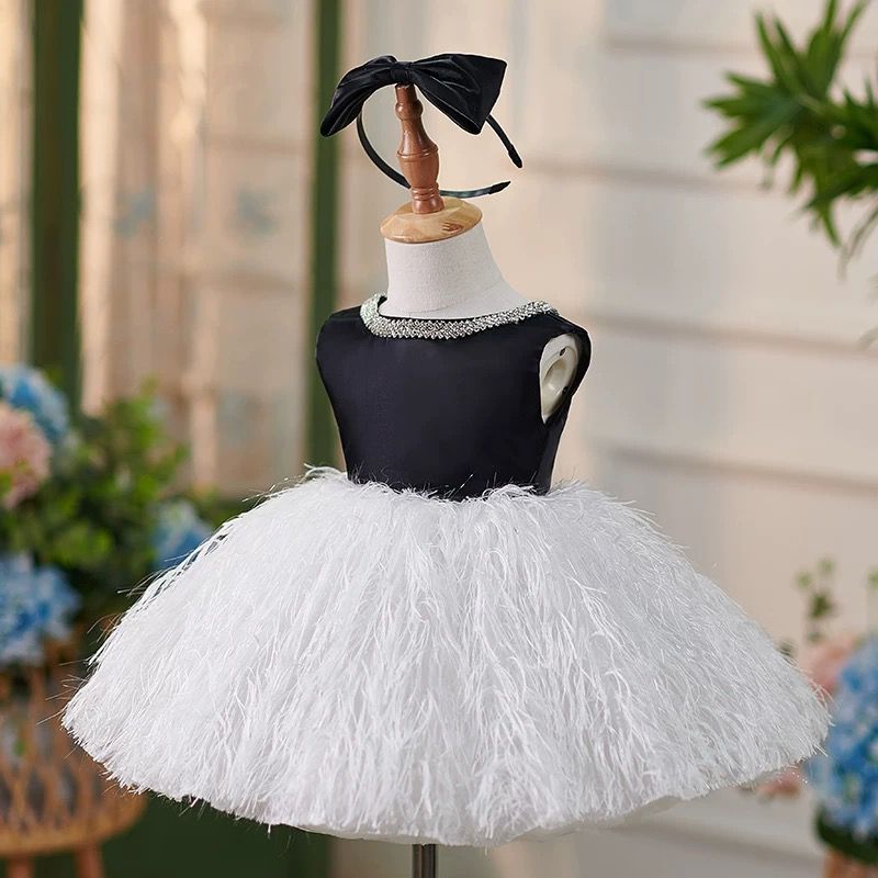 Jill White Pink Girl Dress Pearl Feathery Skirt Ball Gown J420
