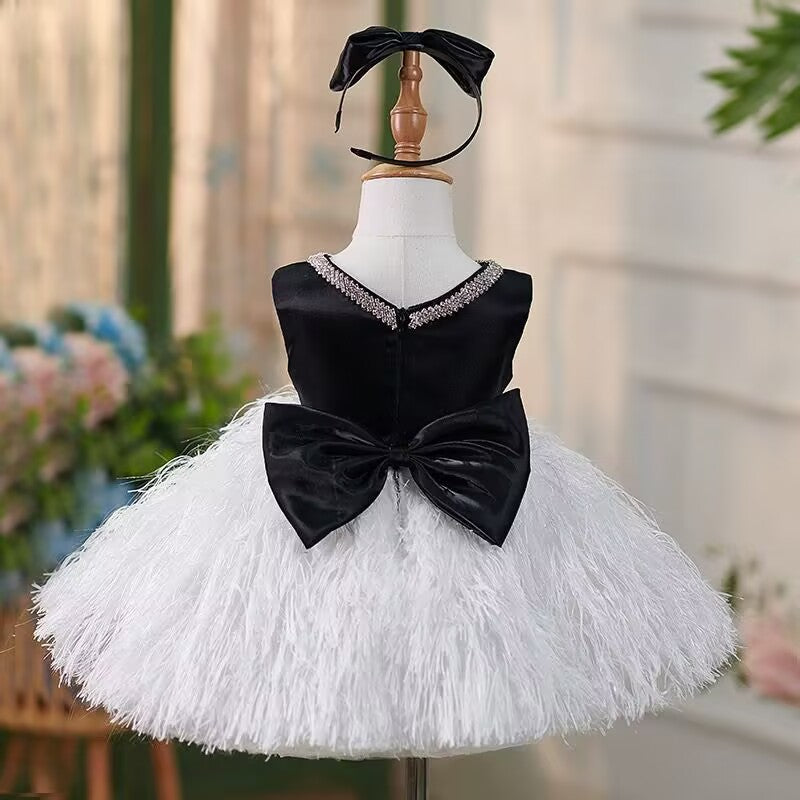 Jill White Pink Girl Dress Pearl Feathery Skirt Ball Gown J420