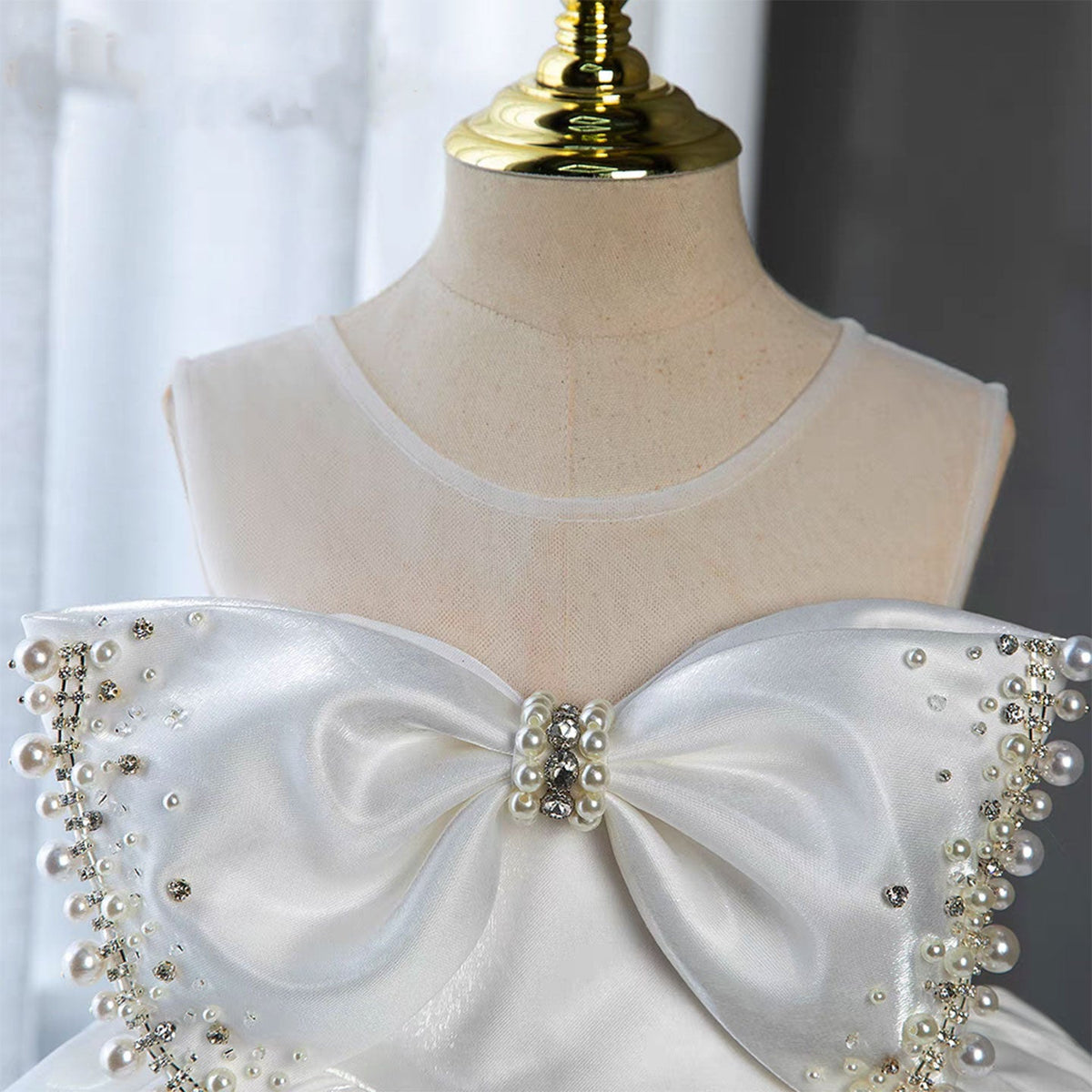 Jill White Satin Girl Birthday Dress with Pearls J341