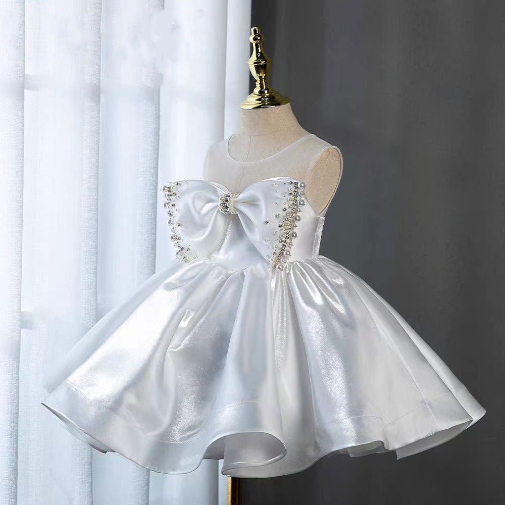 Jill White Satin Girl Birthday Dress with Pearls J341