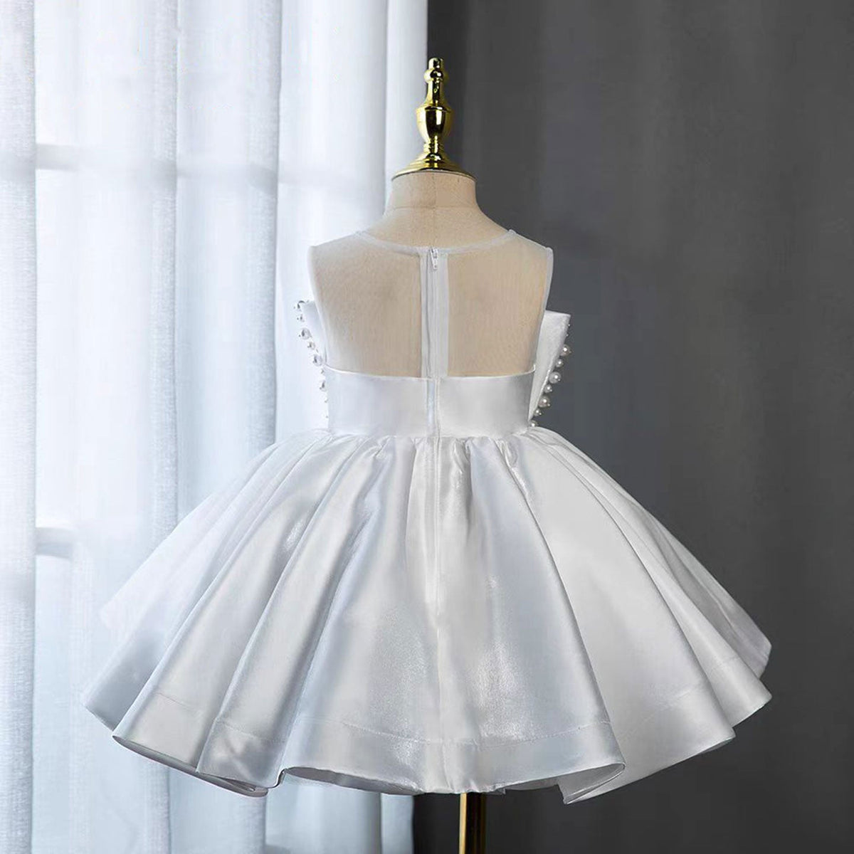 Jill White Satin Girl Birthday Dress with Pearls J341