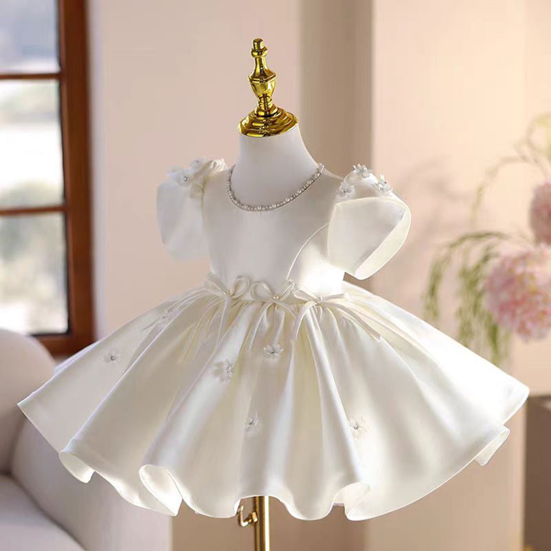 Jill White Satin Girl Dress Toddler Kids 1st Wedding Birthday Party Prom Gown J485