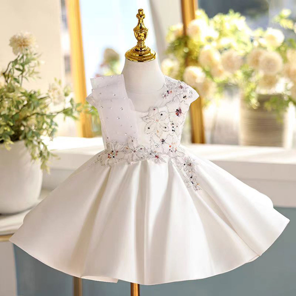 White Satin Lace Girl Dress Toddler Kids 1st Birthday Party Gown J462
