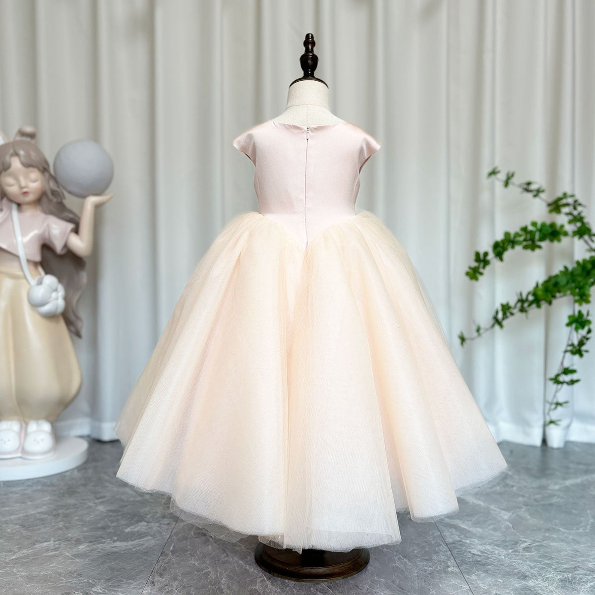 Jill Wish Blush Pink Tulle Satin Girl Dress Floor Length Arab Ball Gown J183