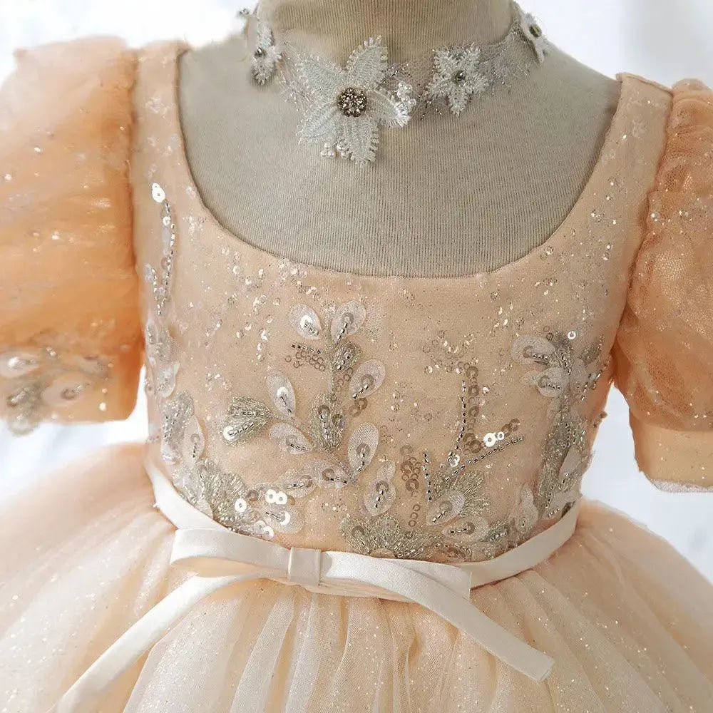 Jill Wish Champagne Baby Girl Dresses Arabic Beading Princess Gown J405