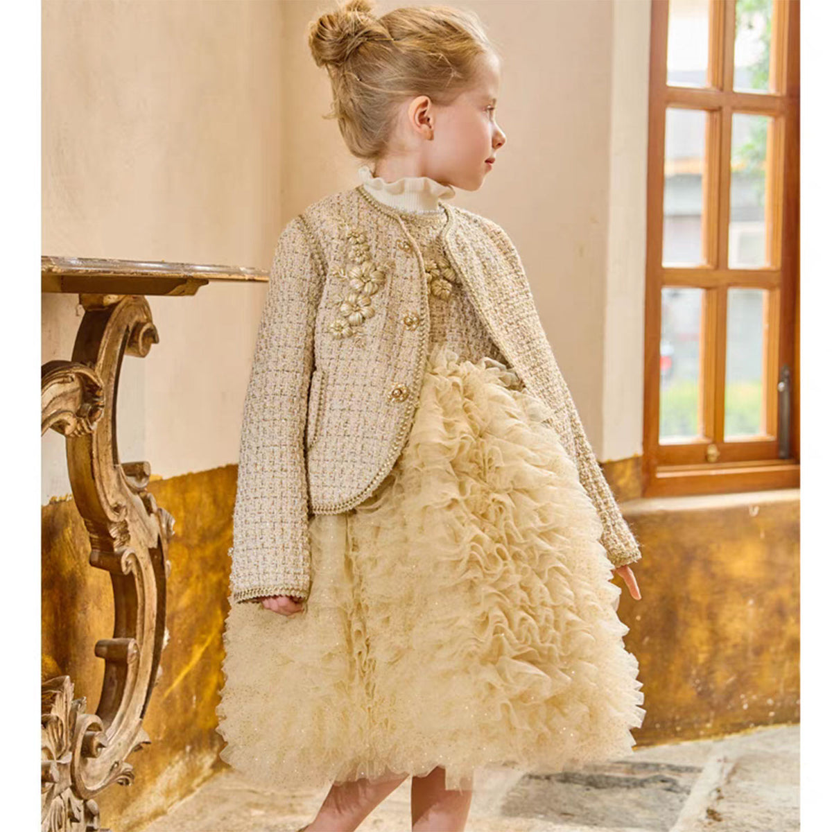 Jill Wish Champagne Child Long Sleeve Party Girl Dress J325