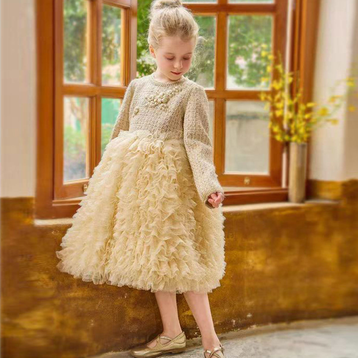 Jill Wish Champagne Child Long Sleeve Party Girl Dress J325