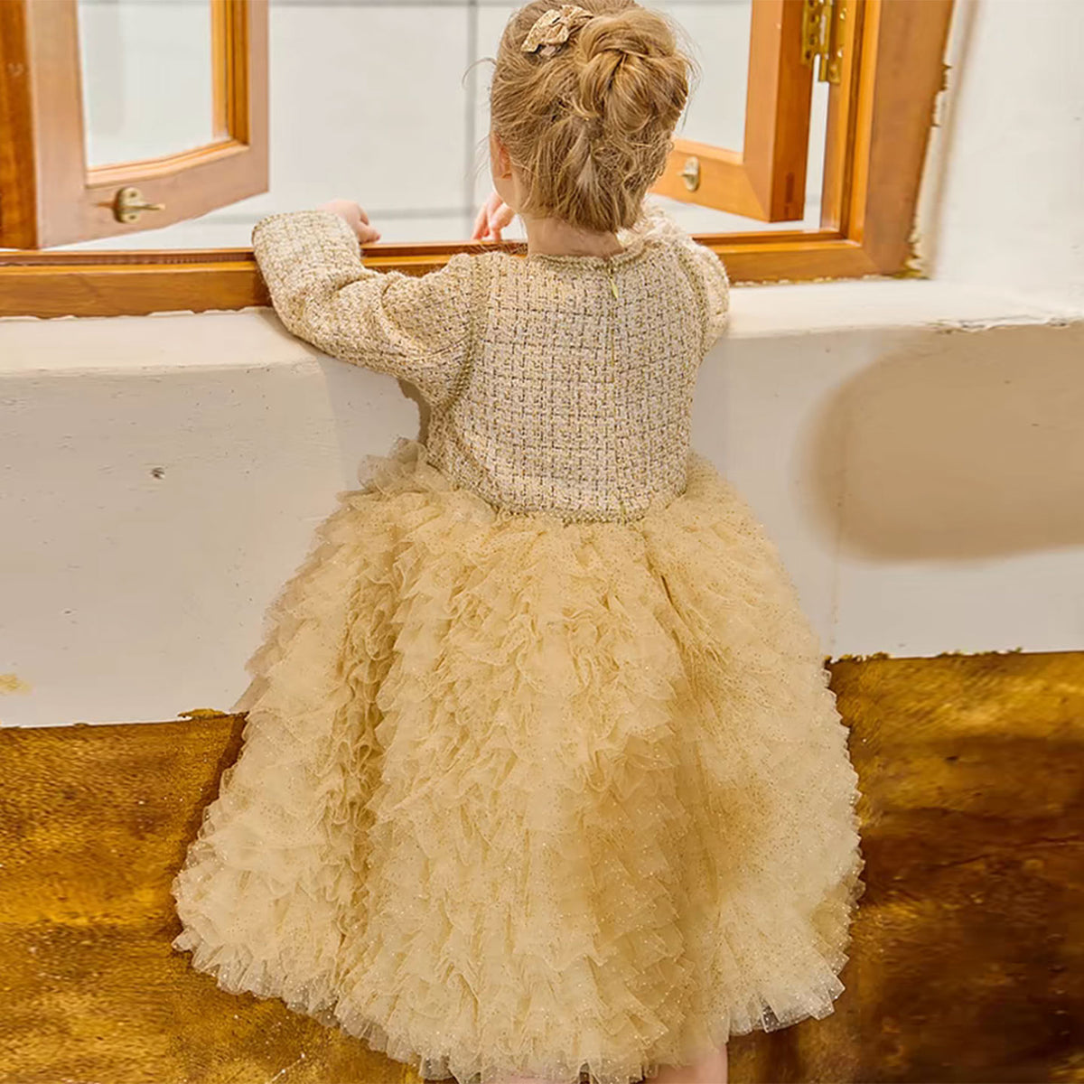 Jill Wish Champagne Child Long Sleeve Party Girl Dress J325