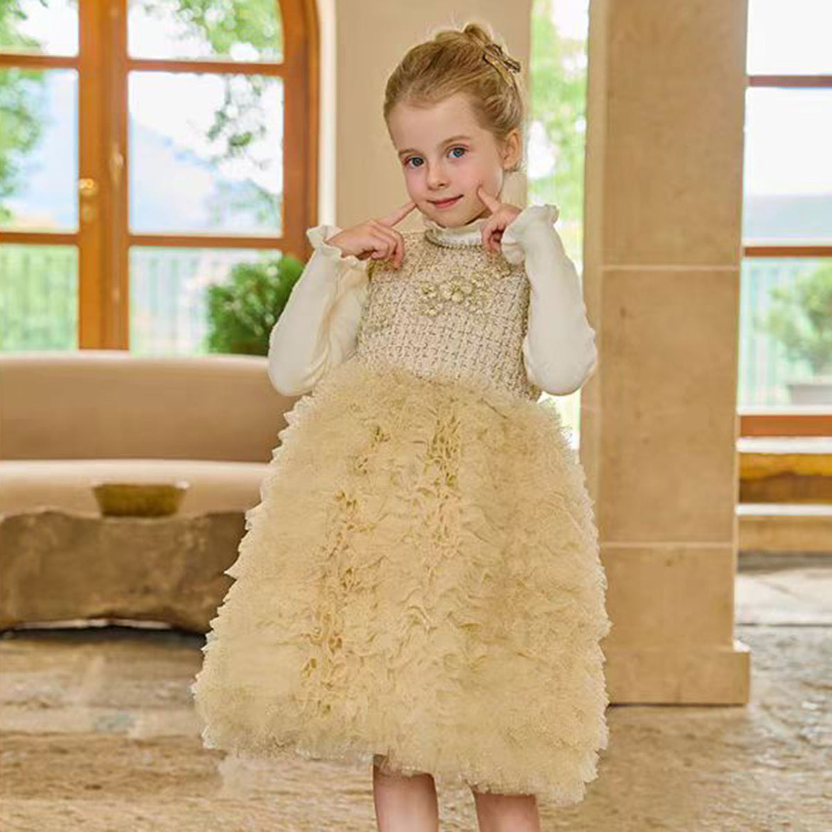 Jill Wish Champagne Child Long Sleeve Party Girl Dress J325