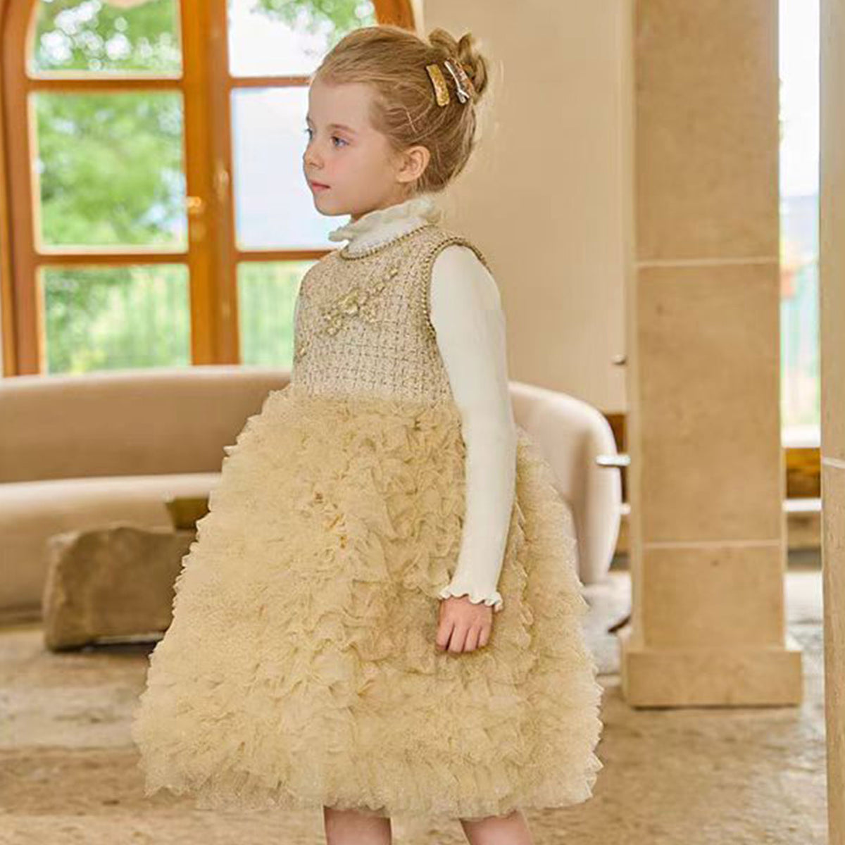 Jill Wish Champagne Child Long Sleeve Party Girl Dress J325