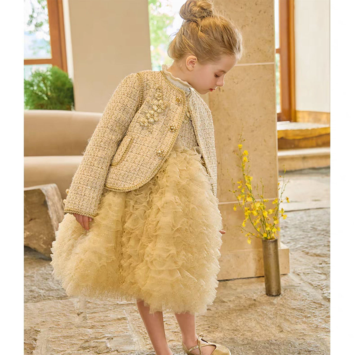 Jill Wish Champagne Child Long Sleeve Party Girl Dress J325