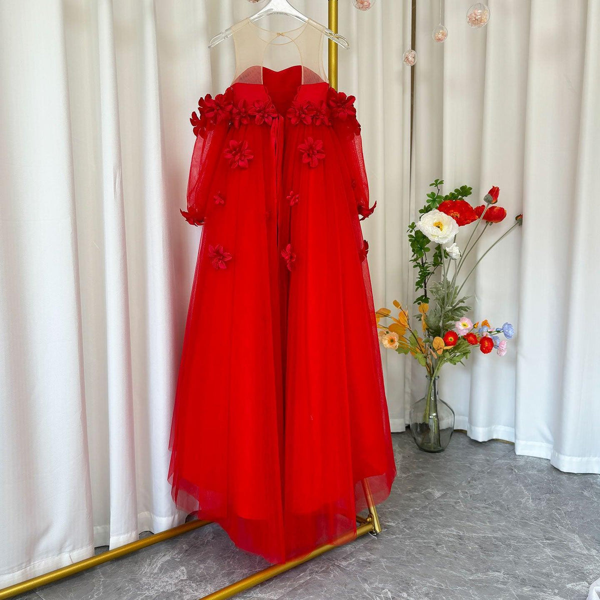 Elegant 3D Flowers Red Girl Dress Long Sleeve Princess Gown J274 – Jill Wish Elegant 3D Flowers Red Girl Dress Long Sleeve Princess Gown J274 – Jill Wish