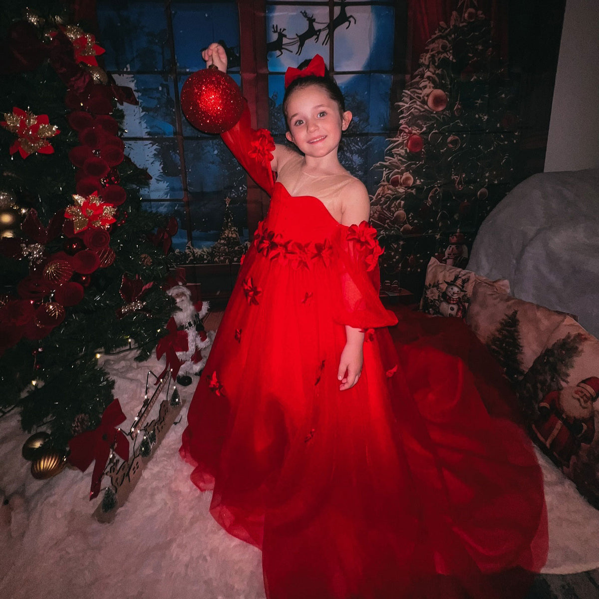 Elegant 3D Flowers Red Girl Dress Long Sleeve Princess Gown J274 Jill Wish Elegant 3D Flowers Red Girl Dress Long Sleeve Princess Gown J274 Jill Wish