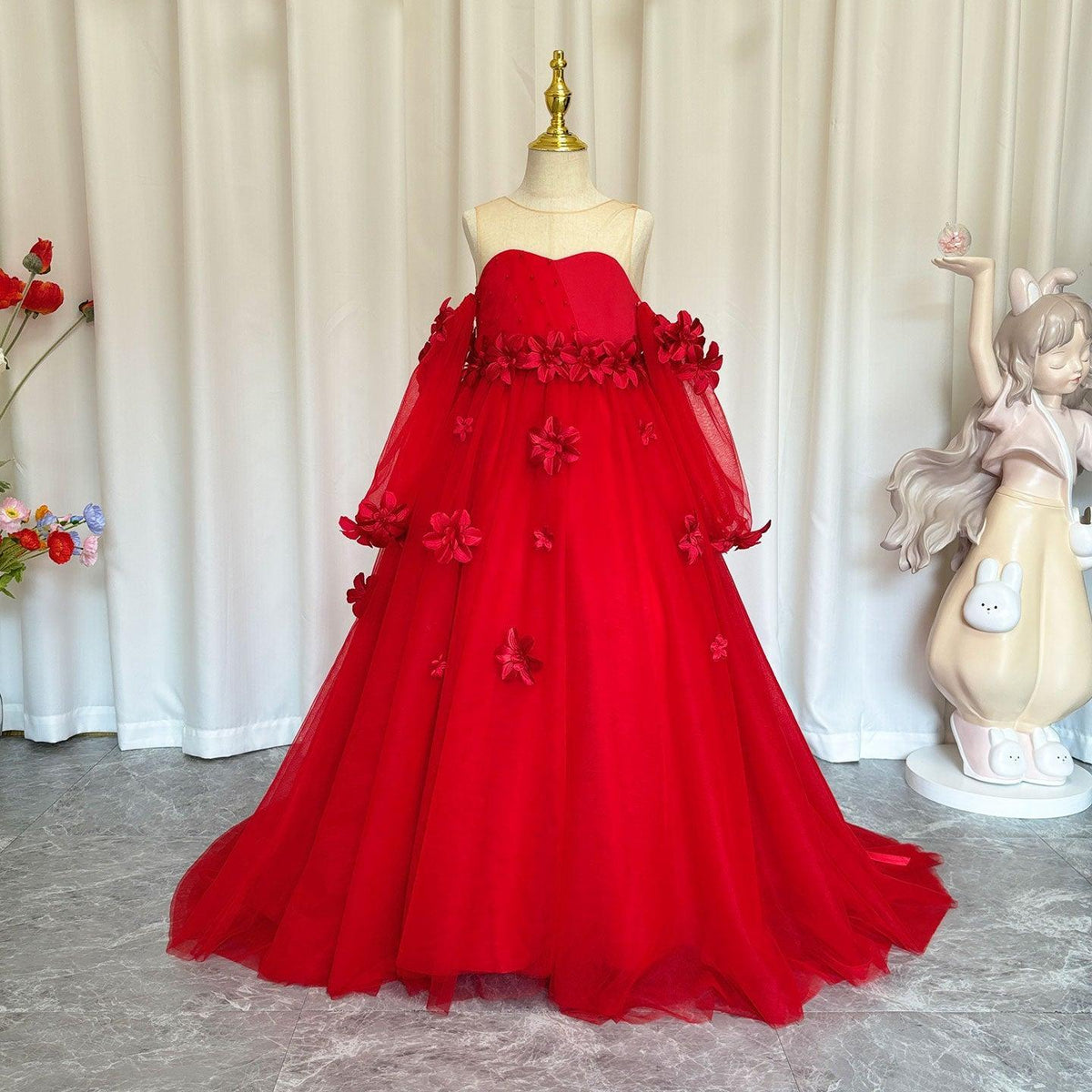 Elegant 3D Flowers Red Girl Dress Long Sleeve Princess Gown J274 – Jill Wish