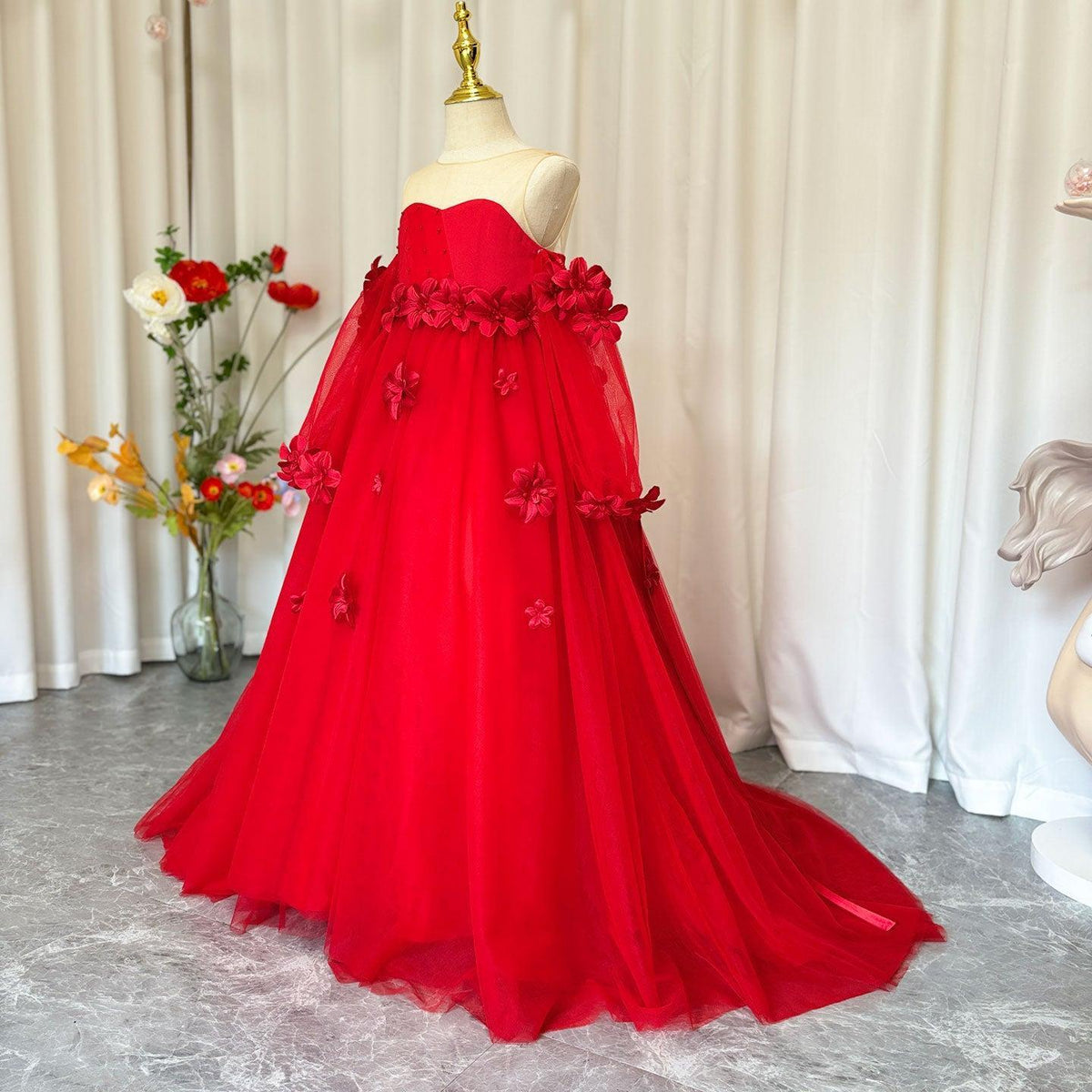 Elegant 3D Flowers Red Girl Dress Long Sleeve Princess Gown J274 – Jill Wish