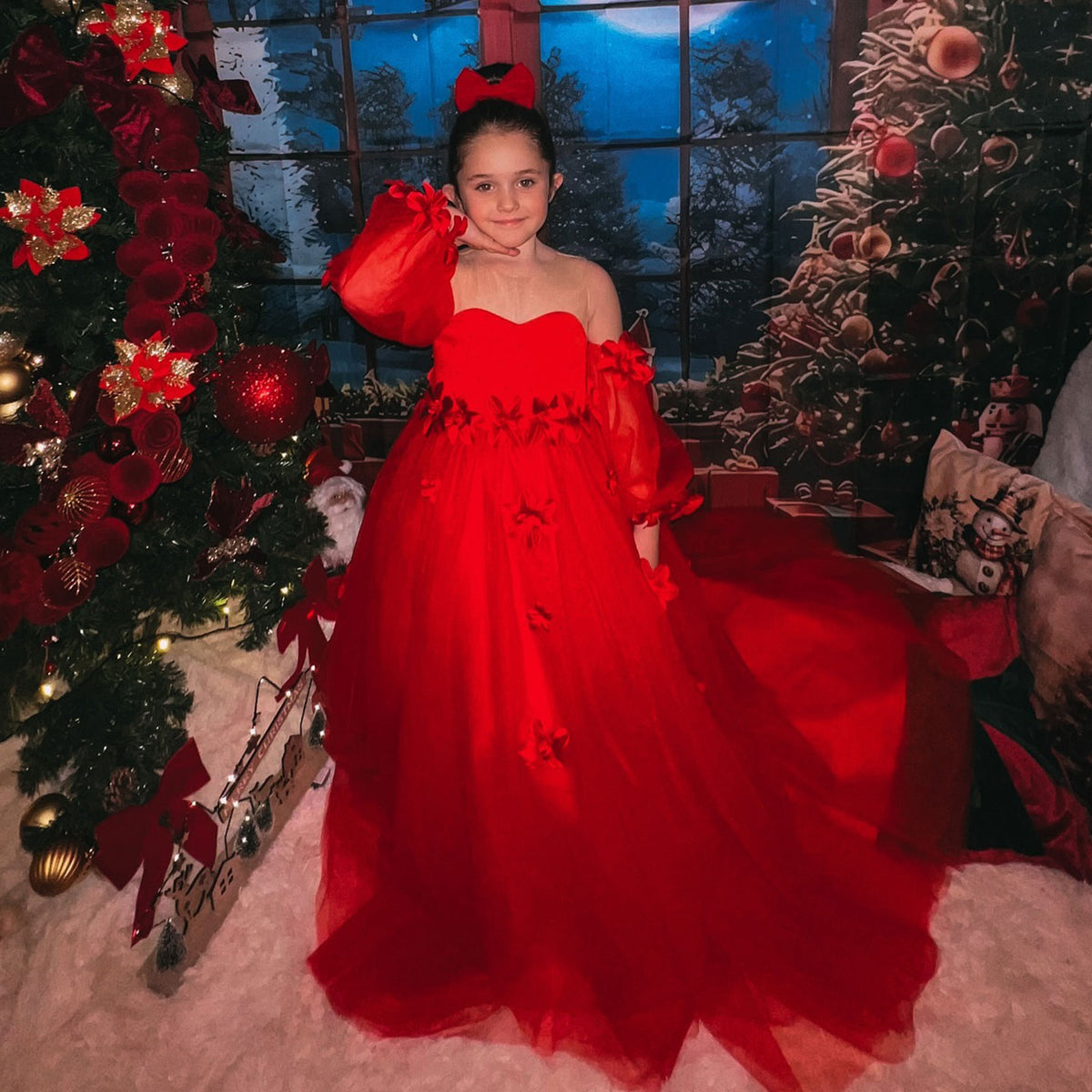 Jill Wish Elegant 3D Flowers Red Girl Dress Long Sleeve Princess Gown J274