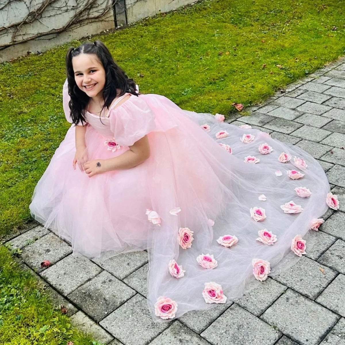 Jill Wish Elegant Arabic Pink Girl Dress with Flowers Dubai Baby Kids Princess J254