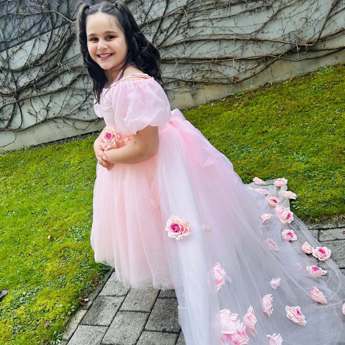 Jill Wish Elegant Arabic Pink Girl Dress with Flowers Dubai Baby Kids Princess J254