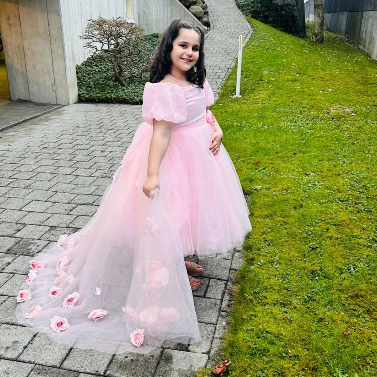Jill Wish Elegant Arabic Pink Girl Dress with Flowers Dubai Baby Kids Princess J254