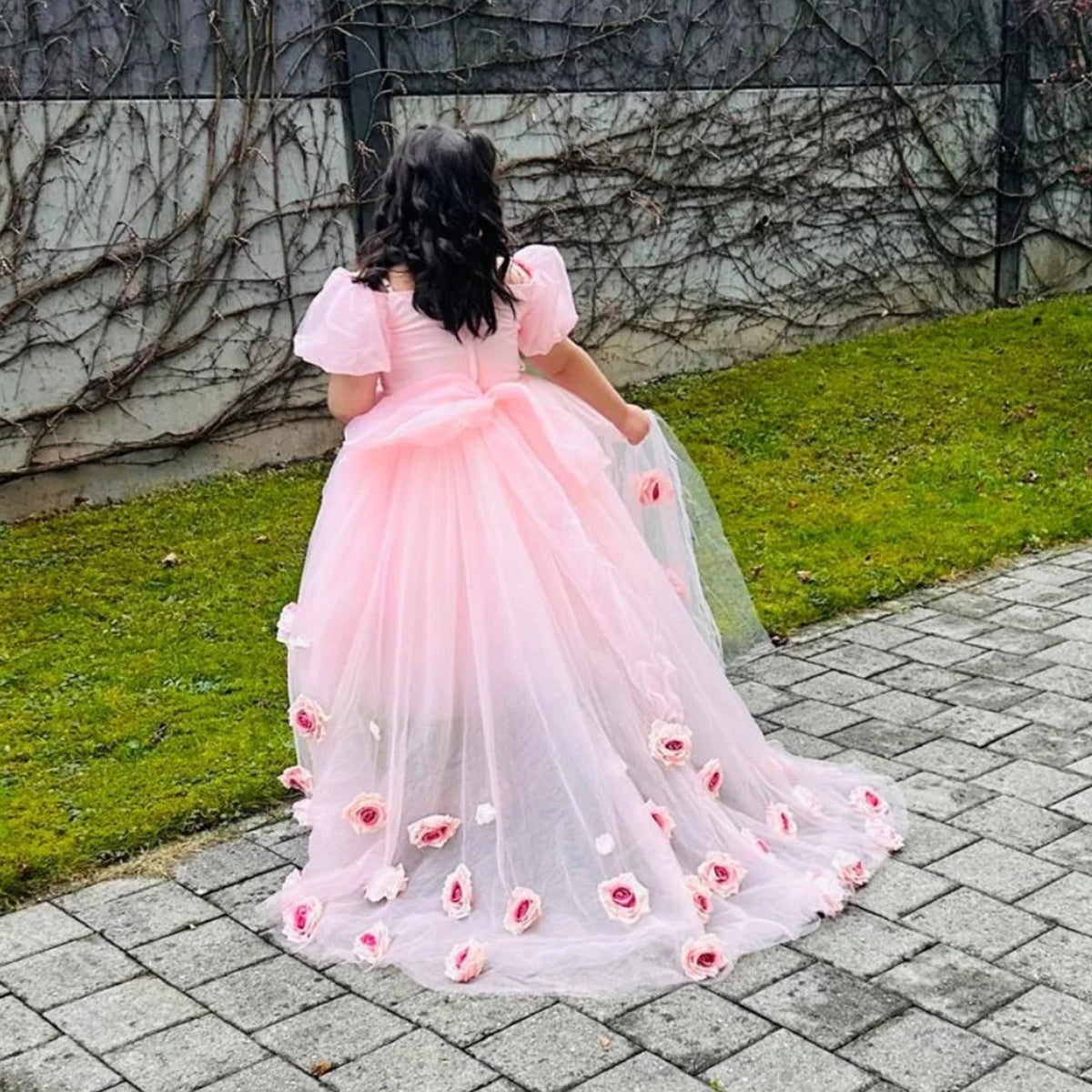 Jill Wish Elegant Arabic Pink Girl Dress with Flowers Dubai Baby Kids Princess J254