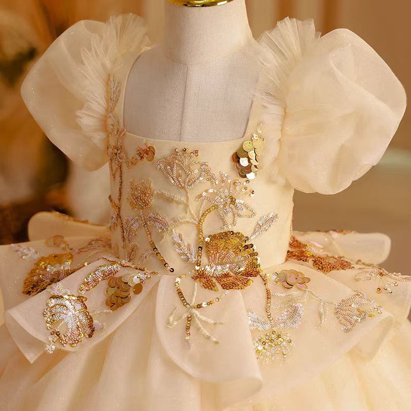 Jill Wish Elegant Beige Dubai Girl Dress Beading Arabic Princess Kids J243