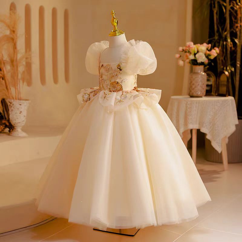 Jill Wish Elegant Beige Dubai Girl Dress Beading Arabic Princess Kids J243