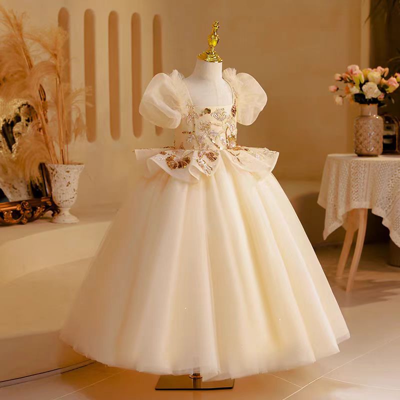 Jill Wish Elegant Beige Dubai Girl Dress Beading Arabic Princess Kids J243