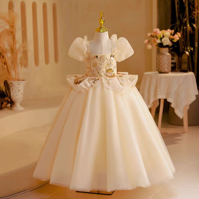 Jill Wish Elegant Beige Dubai Girl Dress Beading Arabic Princess Kids J243