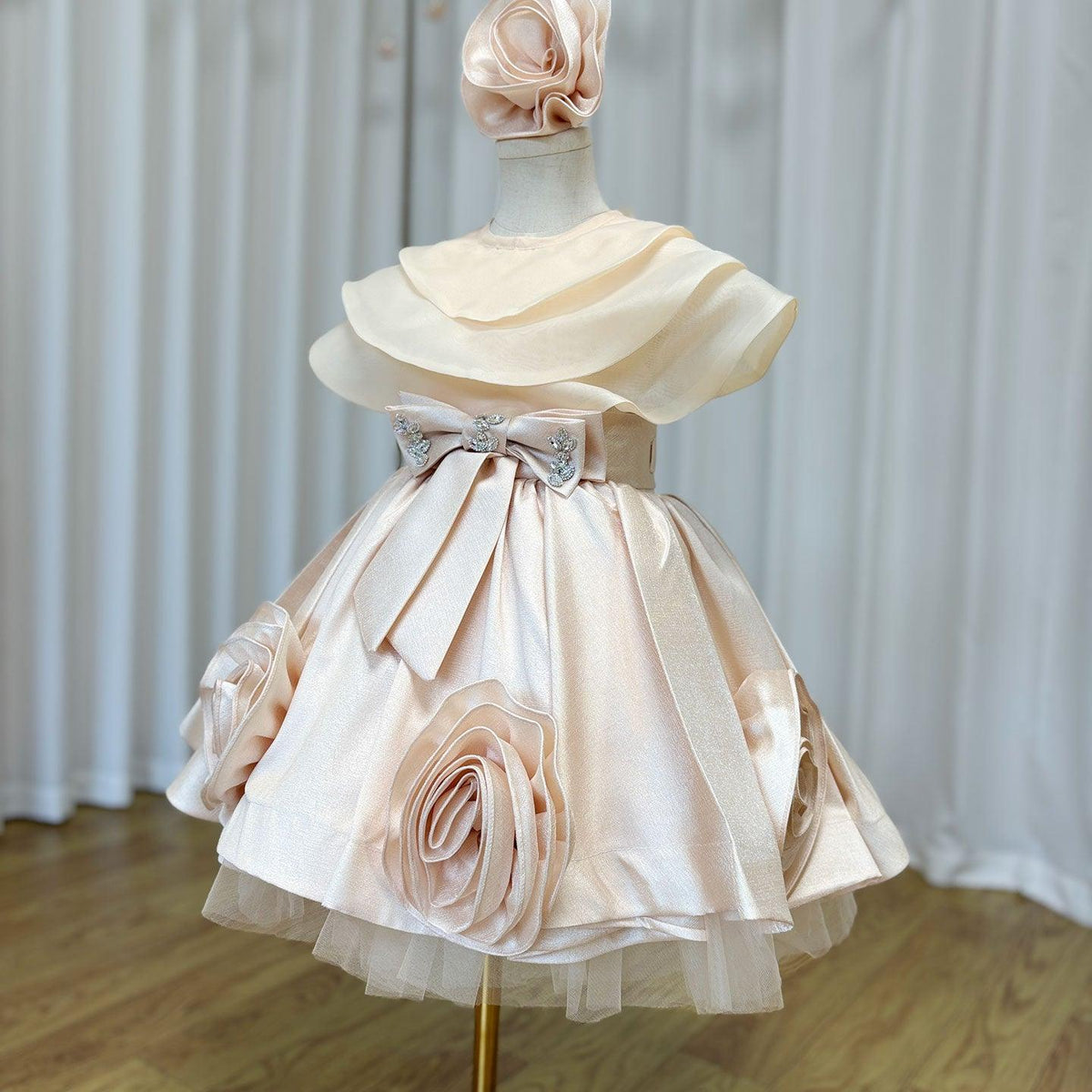 Jill Wish Elegant Beige Girl Dresses Handmade Flowers with Headgear J104