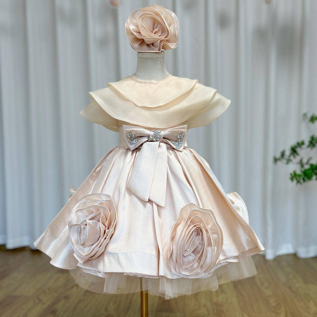 Jill Wish Elegant Beige Girl Dresses Handmade Flowers with Headgear J104