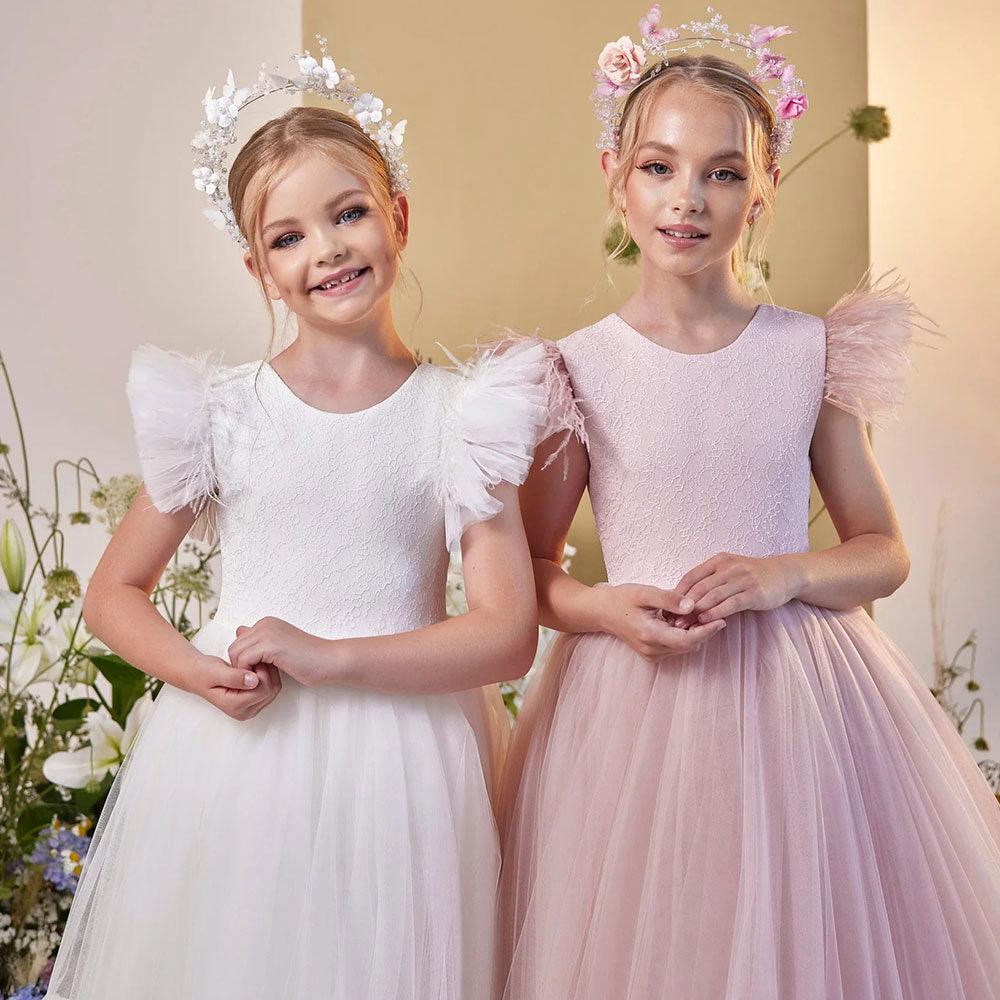 Jill Wish Elegant Champagne Girl Dress Feathers Princess Gown J169