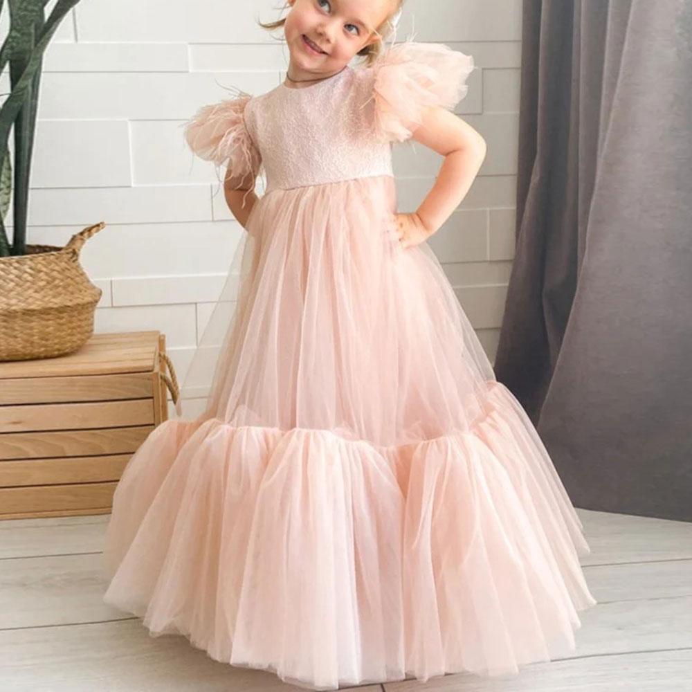 Jill Wish Elegant Champagne Girl Dress Feathers Princess Gown J169