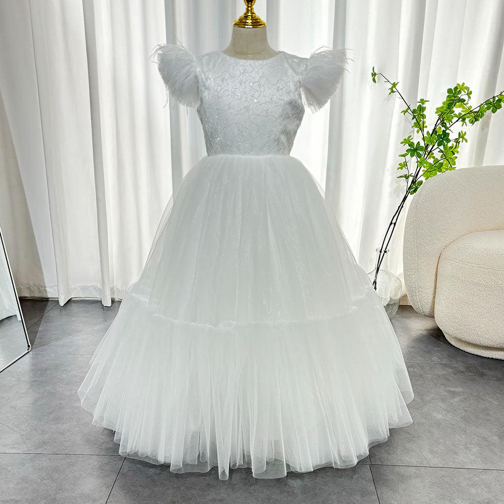 Jill Wish Elegant Champagne Girl Dress Feathers Princess Gown J169