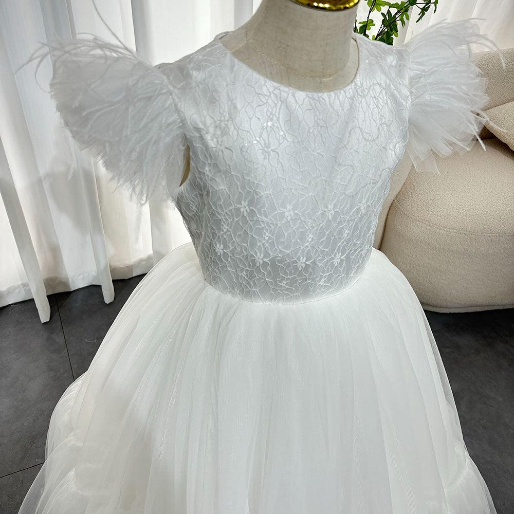 Jill Wish Elegant Champagne Girl Dress Feathers Princess Gown J169