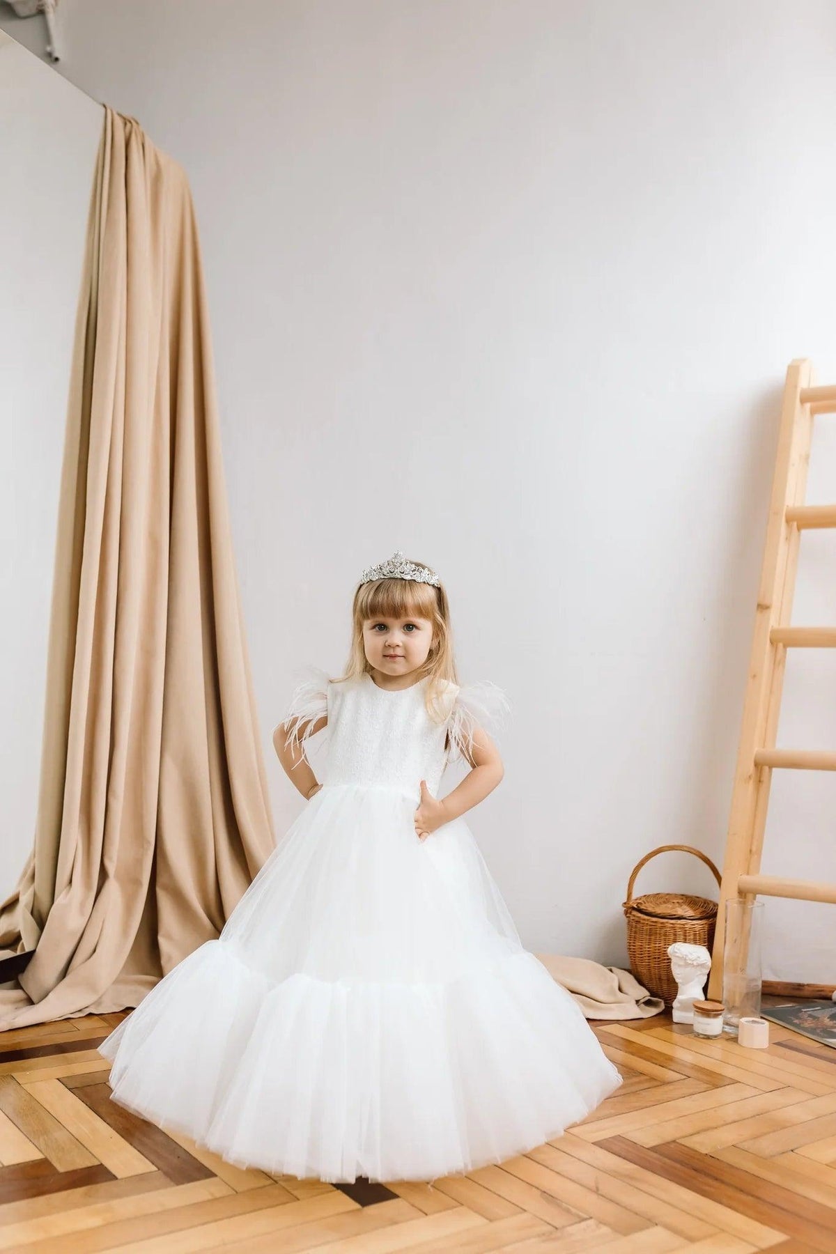 Jill Wish Elegant Champagne Girl Dress Feathers Princess Gown J169